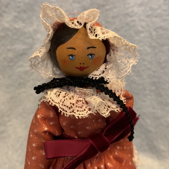 PENNY WOODEN PEG DOLL Handmade Handpainted Jointed Gingham on Kaiser Stand